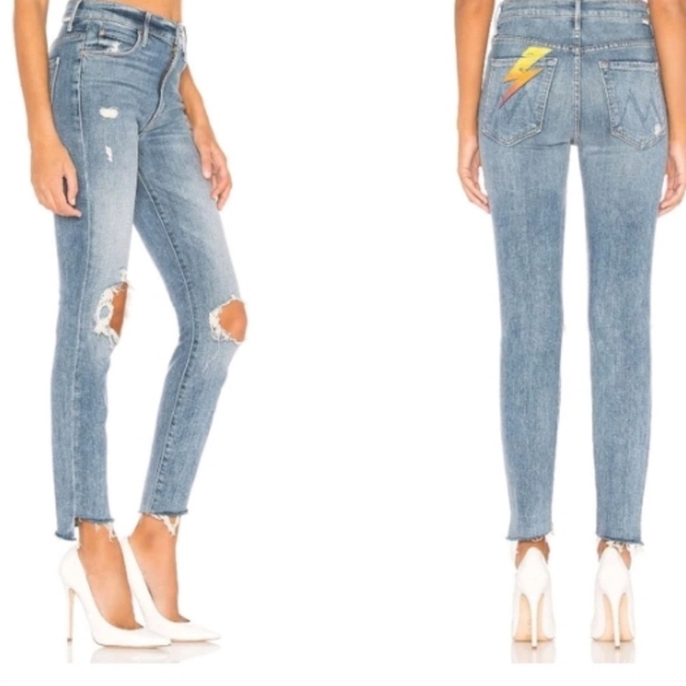 MOTHER Blue Skinny Jeans with Lightning Bolt